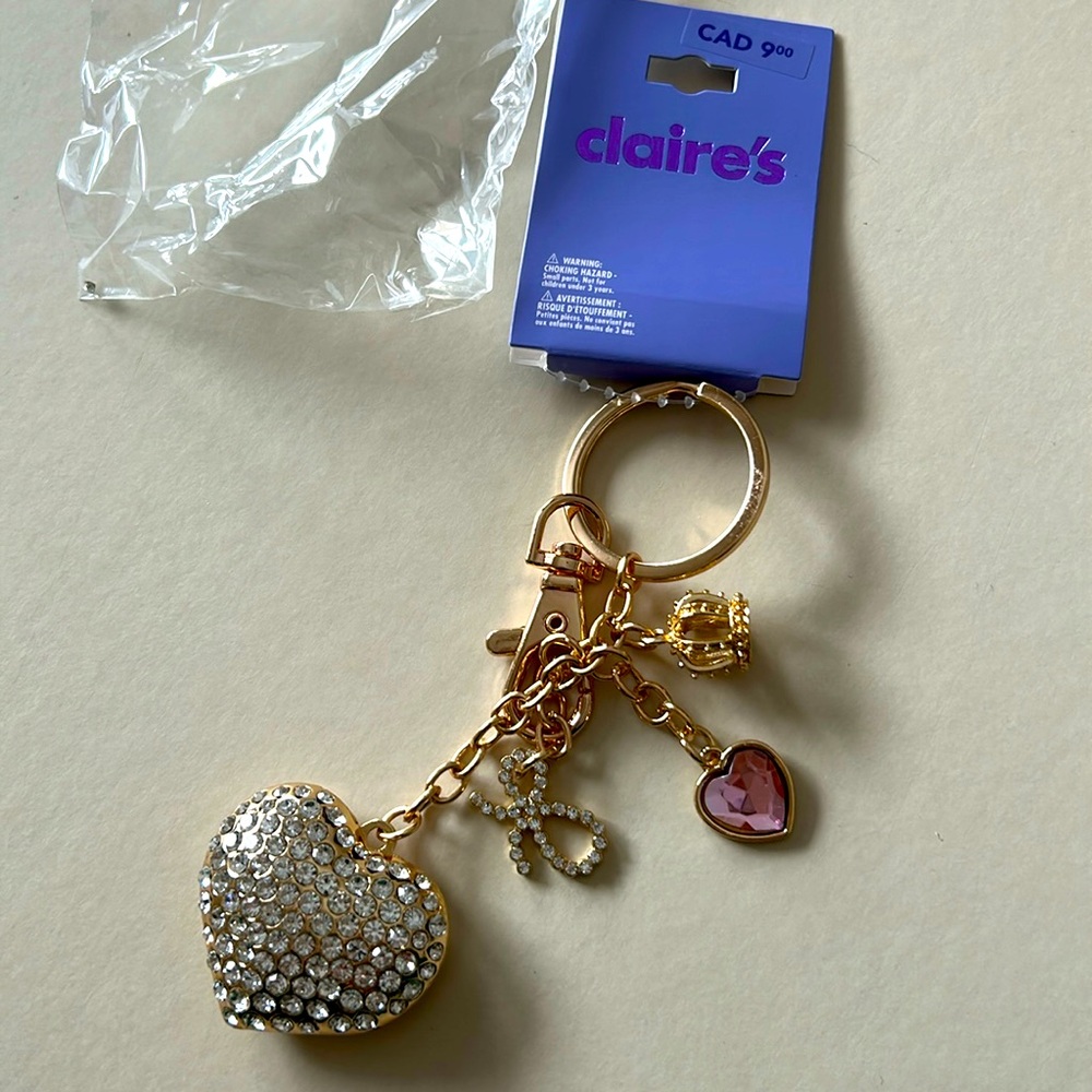 Gold & Zircon crown bow and hearts keyring